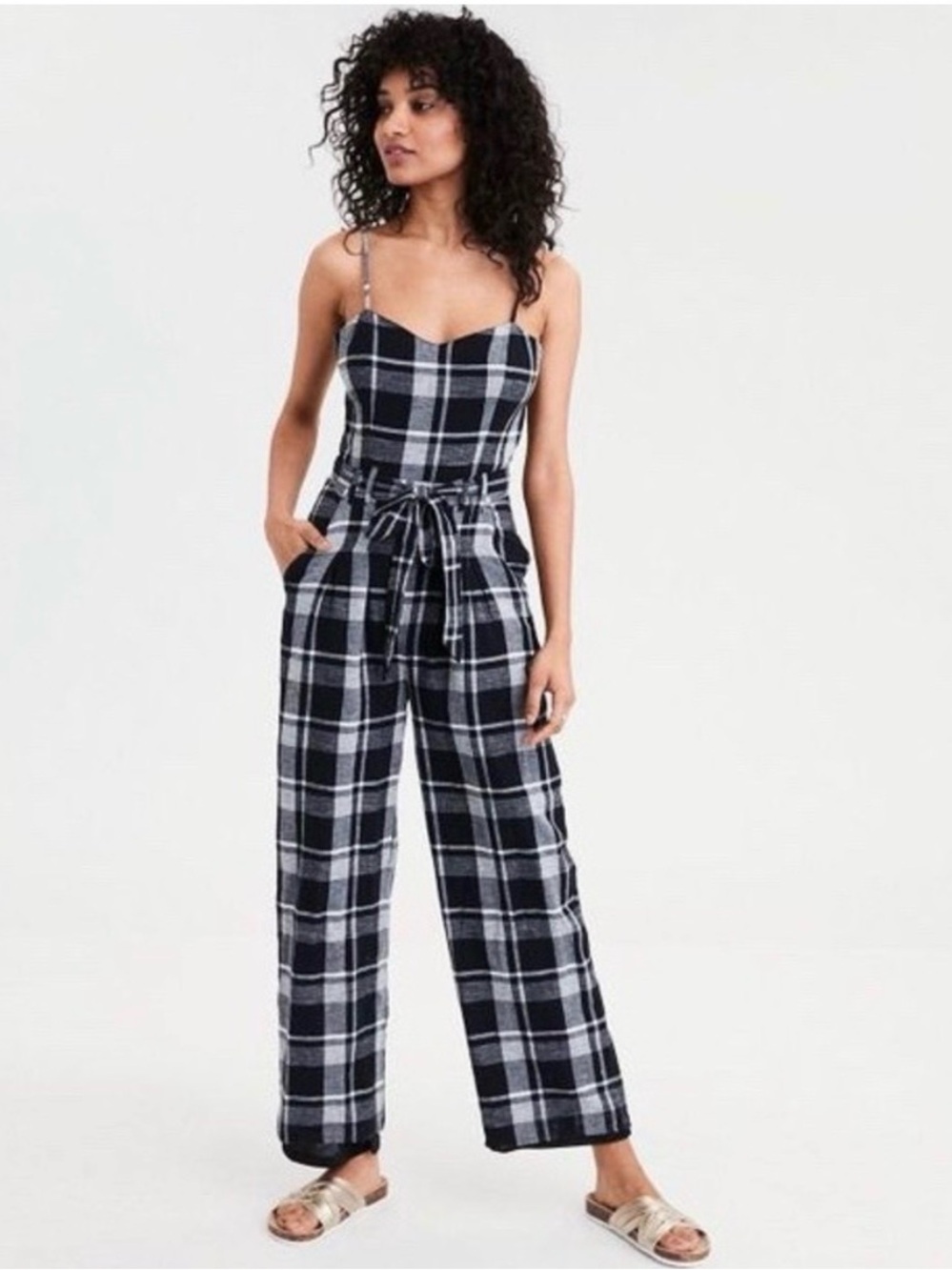 Aerie black and white plaid jumpsuit